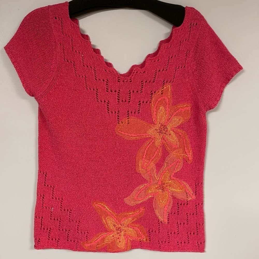 Susan Bristo Pink Embroidered, appliqued flowers,  Sweater  Hand beaded ,S EUC!